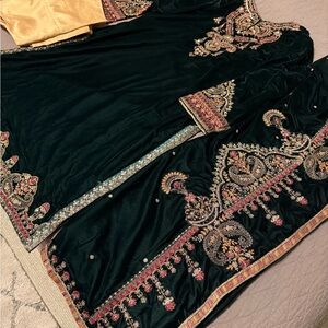 Embroidered Dark Green velvet Traditional Dress with Velvet Shawl